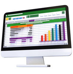 Computerbildschirm mit farbiger Excel-Tabelle und Balkendiagramm – symbolisiert den Übergang von statischen Excel-Dateien zu dynamischen, integrierten Auswertungen in prima ERP