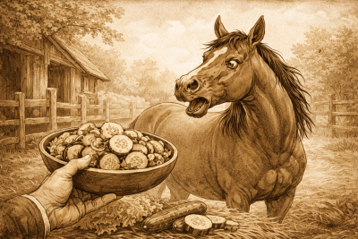 Eine Grafik im Graphic-Novel-Stil in Sepiatönen die ein erschrockenes Pferd zeigt, das wiehernd vor einer Schüssel Gurkensalat steht und so seine Ablehnung dafür kundzutun scheint.